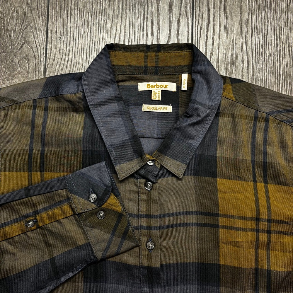 Barbour Womens Plaid Button Down Shirt Olive Green Yellow Regular Fit Size US 14